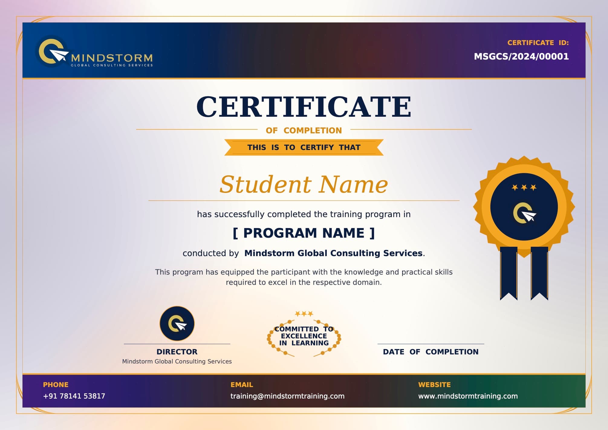 Mindstorm Global Consulting Services — sample certificate of completion